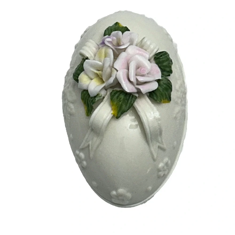 VTG Capodimonte Style Floral Oval Easter Spring Egg Jewelry Trinket Box W/ Lid